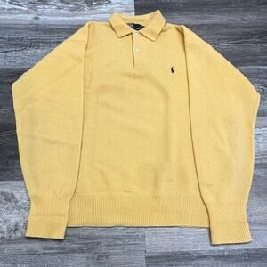 Polo Ralph Lauren Sweater Yellow Mens L Mini Pony Lambswool Collared Vintage